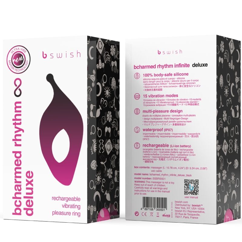 B SWISH - BCHARMED RHYTHM INFINITE DELUXE PENISRING 15 VIBRATIONEN SCHWARZ